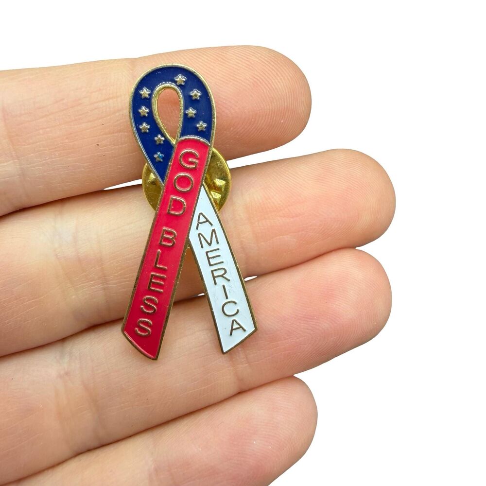 Vintage USA God bless America ribbon pin United States patriotic brooch